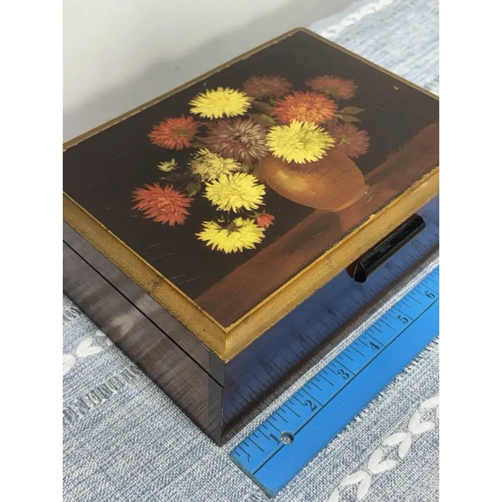 Vintage 1970s Wood Jewelry Box Floral Lid Etched Mirror Gold Lined Keepsake